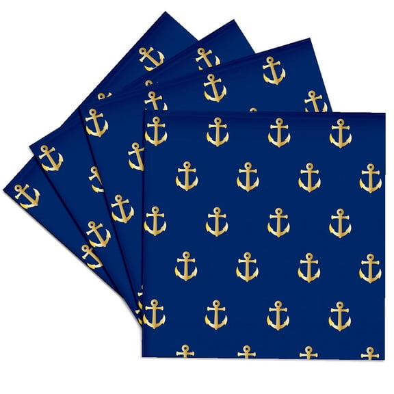 3dRose, Print of Gold Anchors On Navy Blue Repeat Pattern, Set of 4 Ceramic Tile Coasters