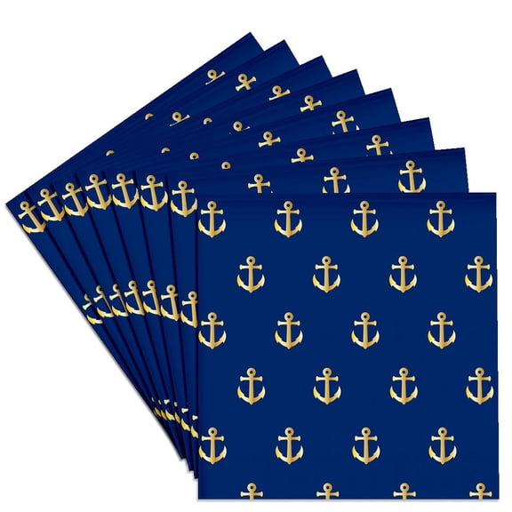 3dRose, Print of Gold Anchors On Navy Blue Repeat Pattern, Set of 8 Ceramic Tile Coasters