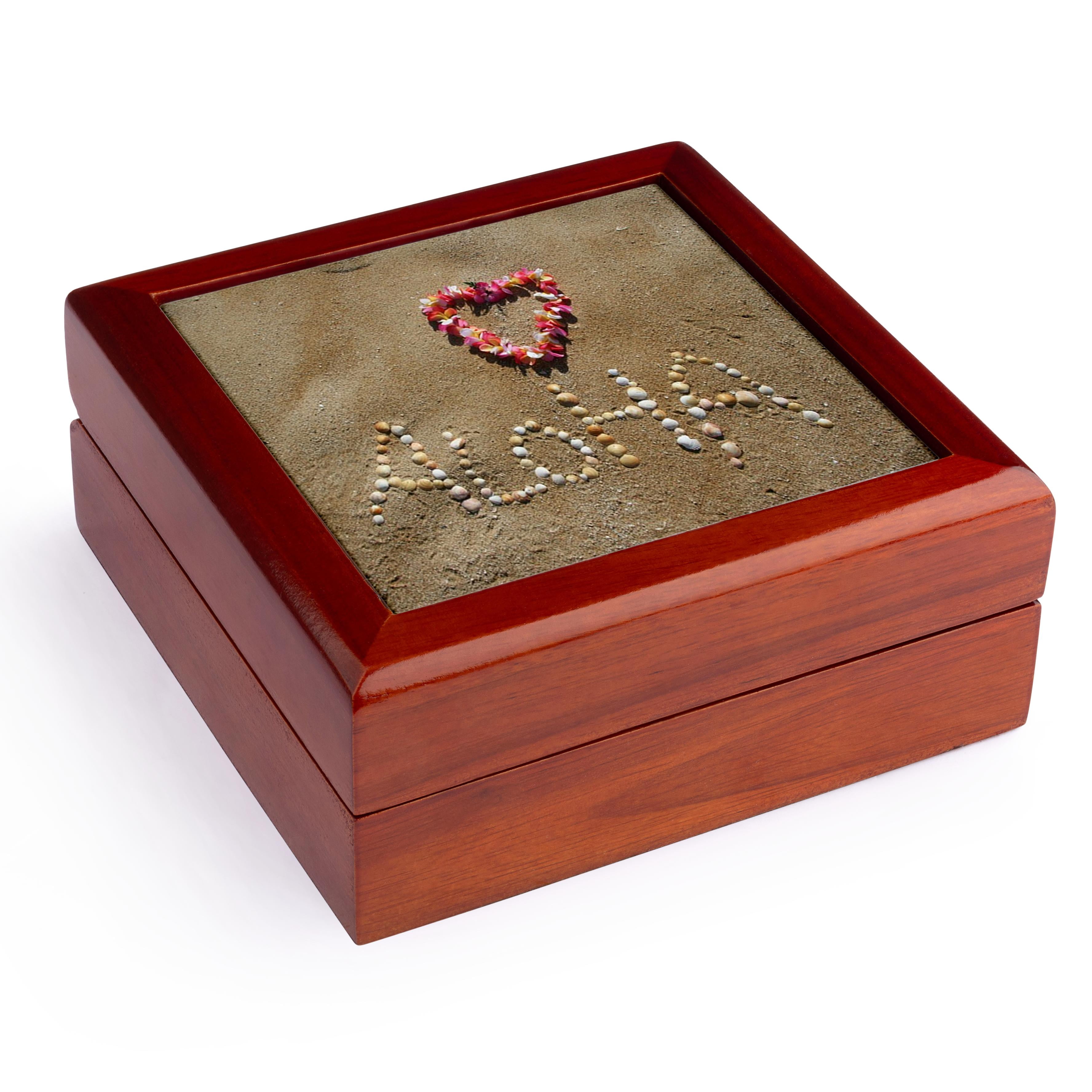 3dRose, Print of Hawaiian Shells On Beach Spell Aloha, Jewelry Box 5.5x5.5 inch with 4 inch tile
