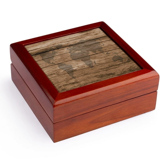 3dRose, Print of Map Of World On Wood, Jewelry Box 5.5x5.5 inch with 4 inch tile