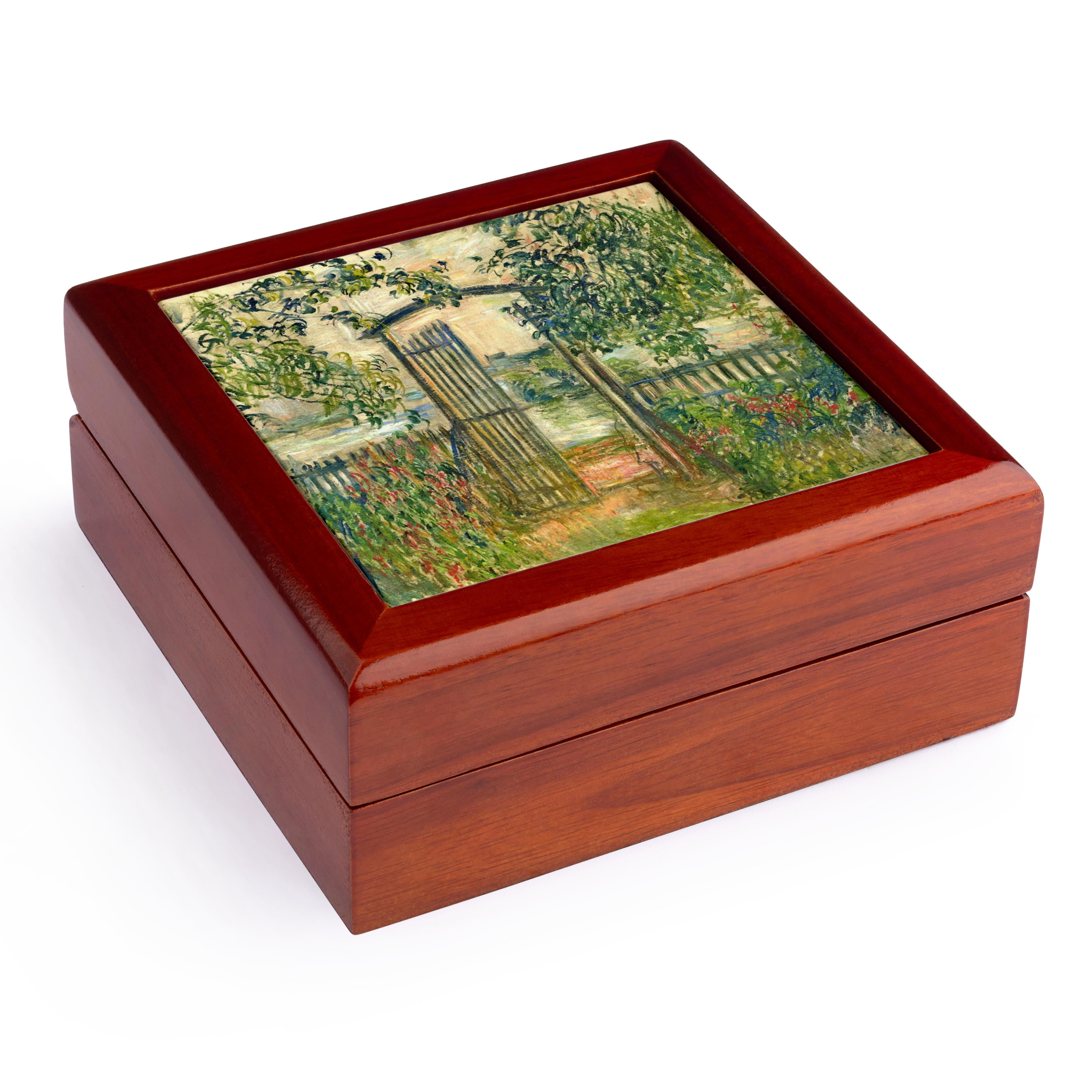 3dRose, Print of Monet Painting The Garden Gate, Jewelry Box 5.5x5.5 inch with 4 inch tile