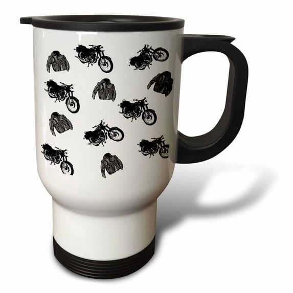 3dRose, Print of Motorcycle And Leather Jacket Repeat Pattern, 14oz Stainless Steel Travel Mug