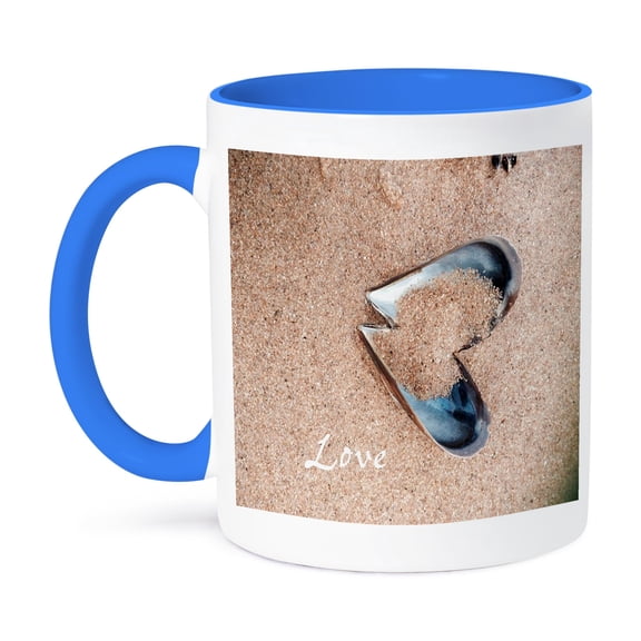 3dRose, Print of Oyster Shell Heart With Word Love, 15oz Two-Tone Blue Mug