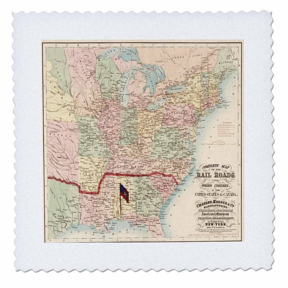 3dRose, Print of Railroad Map From 1859, 12x12 inch quilt square