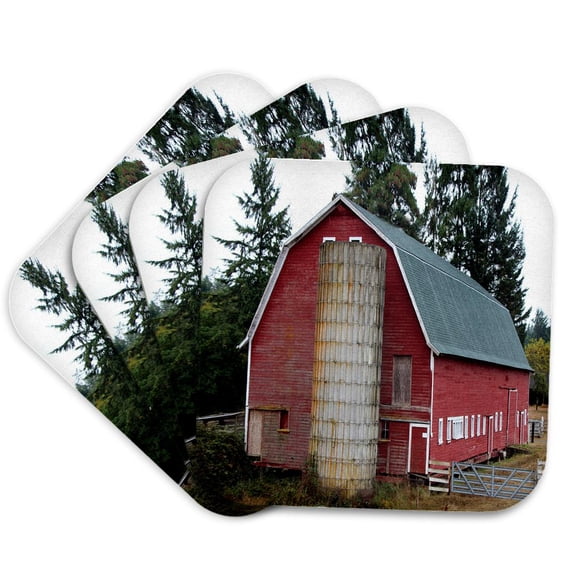 3drose, Print of Red Country Barn and Silo, Set of 4 Coasters - Soft