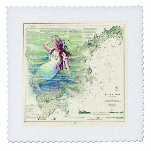 3dRose, Print of Salem Harbor Vintage Chart With Mermaid, 10x10 inch quilt square