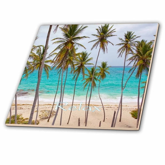 3dRose, Print of Says Relax On Caribbean Beach Loaded With Palms, 4 Inch Ceramic Tile