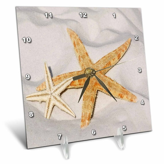 3dRose, Print of Two Starfish On Sandy Beach, 6x6 Desk Clock