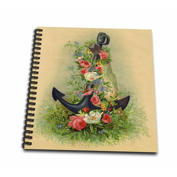 3dRose, Print of Vintage Anchor With Flowers, Mini Notepad 4 x 4 inch