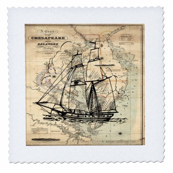 3dRose, Print of Vintage Chesapeake Bay With Ghost Ship, 6x6 inch quilt square