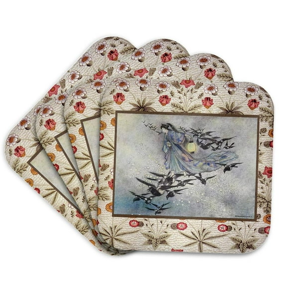 3drose, Print of a Japanese Woman and Birds, Set of 4 Coasters - Soft