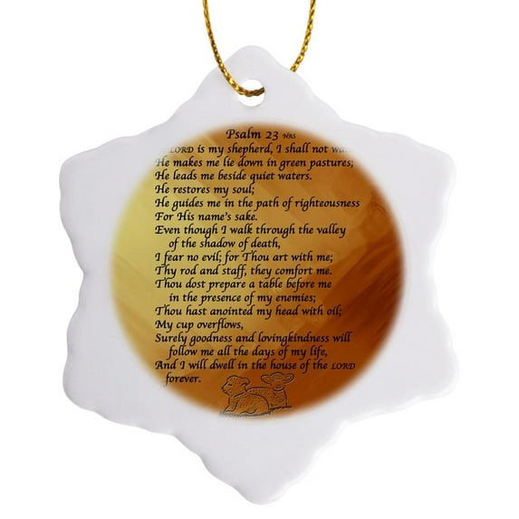 3drose, Psalm 23. “the Lord Is My Shepherd” on a Golden Background with Two Small Lambs Faux Embossed., 3 inch Snowflake Porcelain Ornament
