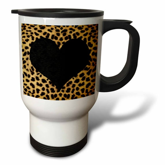 3dRose, Punk Rockabilly Cheetah Animal Print Black Heart, 14oz Stainless Steel Travel Mug