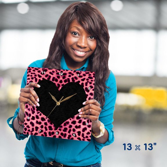3dRose, Punk Rockabilly Pink Cheetah Animal Print Black Heart, 13x13 Wall Clock