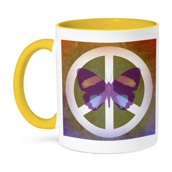 3dRose, Purple Butterfly Peace Sign- Inspirational Art, 15oz Two-Tone Yellow Mug