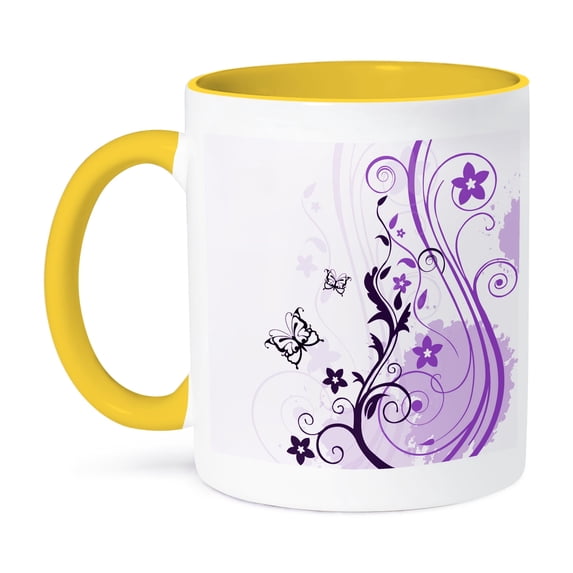 3dRose, Purple Flourishes With Lacy Butterflies On A Grunge Background, 15oz Two-Tone Yellow Mug