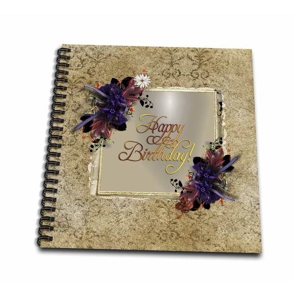 3dRose, Purple Flowers on Gold Frame with Damask Design, Happy Birthday, Memory Book 12 x 12 inch
