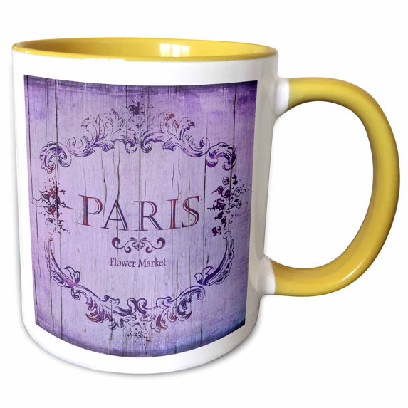 3drose, Purple Nostalgic Paris Sign on Old Wood, 11oz Two-tone Yellow Mug
