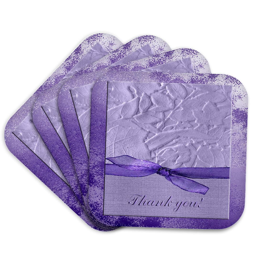 3drose, Purple Ribbon with Embossed Look Leaves, Thank You, Set of 4 ...