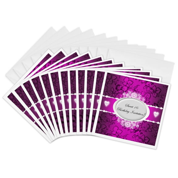 3drose, Purple Sweet 16 Floral Invitation, 12 Greeting Cards with Envelopes