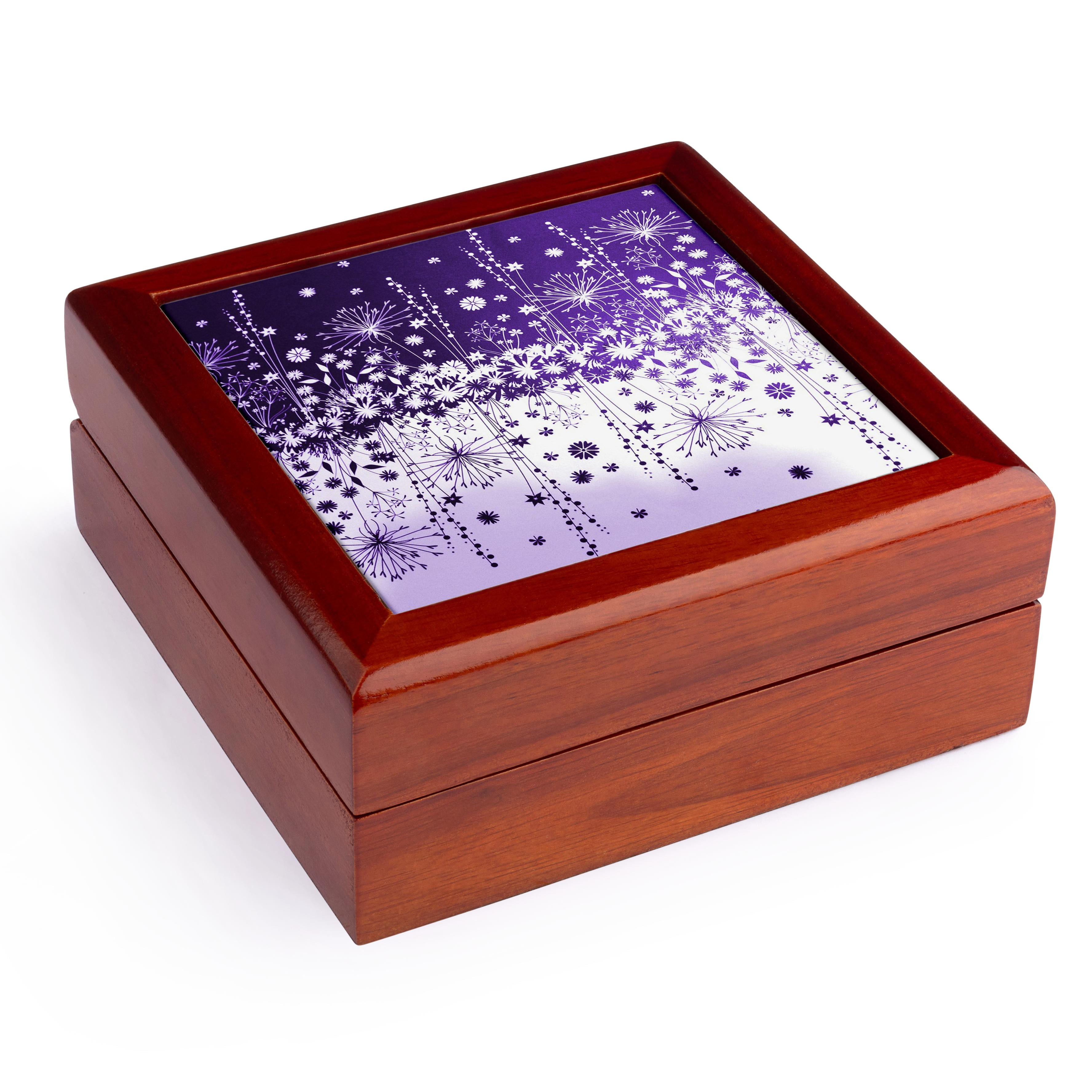 3dRose, Purple and White Floral, Jewelry Box 5.5x5.5 inch with 4 inch tile