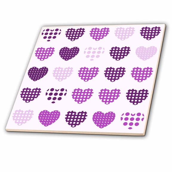 3dRose, Purple and White Polka Dot Hearts In A Row, 4 Inch Ceramic Tile