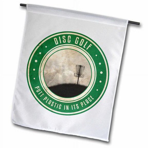 3dRose, Putt Plastic In Its Place #12 - silhouette of frisbee disc golf basket on a hillside, 12 x 18 inch Garden Flag