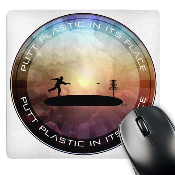 3dRose, Putt Plastic In Its Place - colorful disc golfing player with basket, MousePad