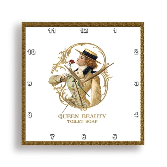 3dRose, Queen Beauty Toilet Soat Lady with a Red Carnation Framed in Gold, 15x15 Wall Clock