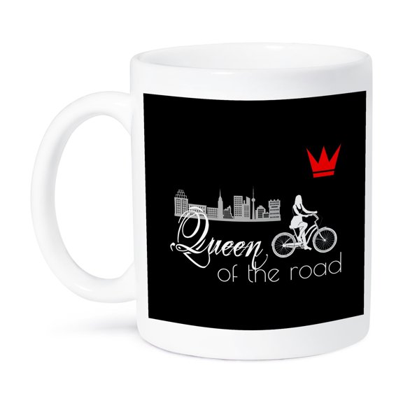 3dRose, Queen of the road. Female bicycle rider, red crown, city on black, 15oz Mug