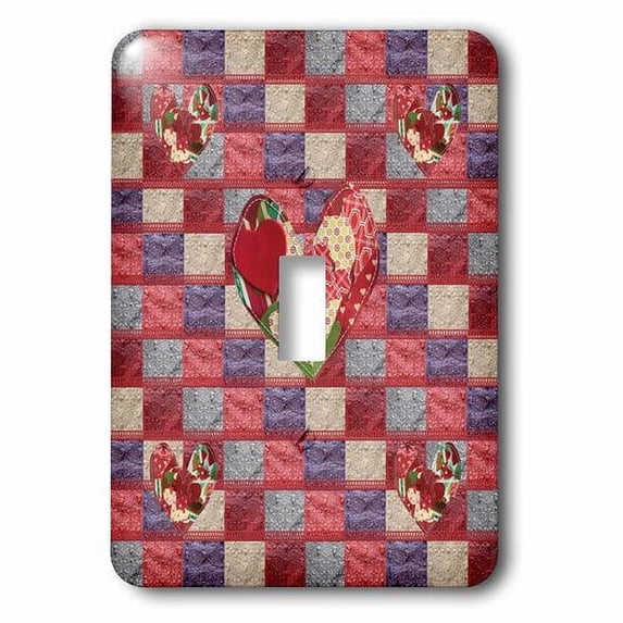 3dRose, Quilt with Quilted Hearts Look, Red, Blue, Green, Pink, and Cream, single toggle switch