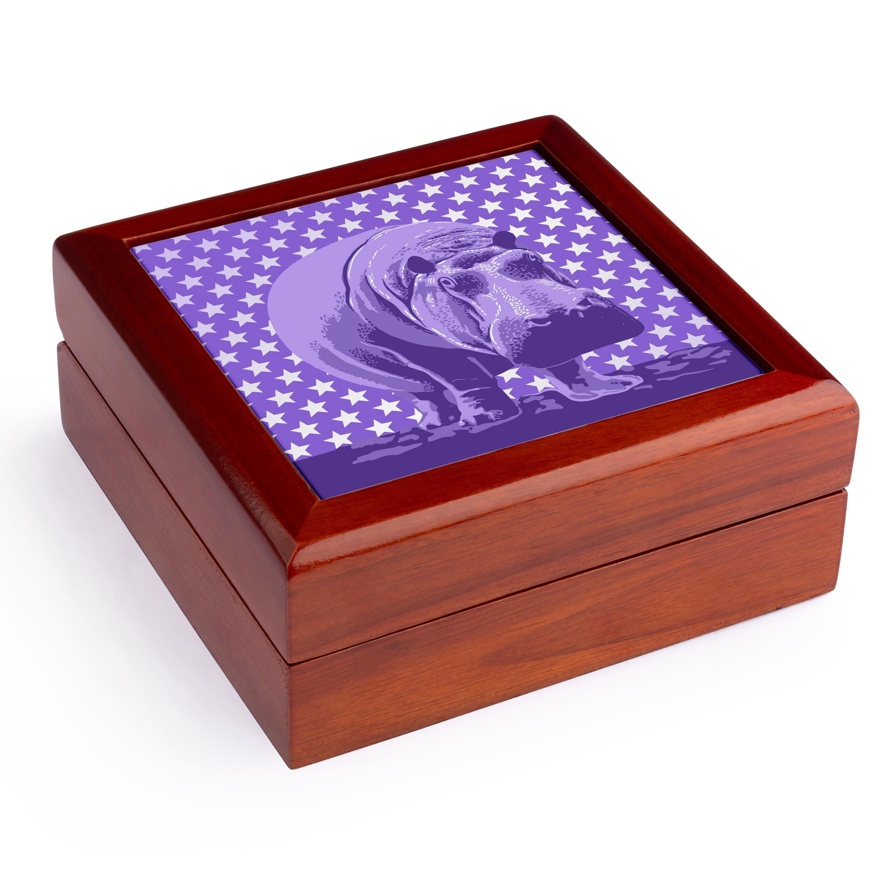 3dRose, Quirky Purple Hippo over Purple and White Tonal Stars Pattern, Jewelry Box 5.5x5.5 inch with 4 inch tile