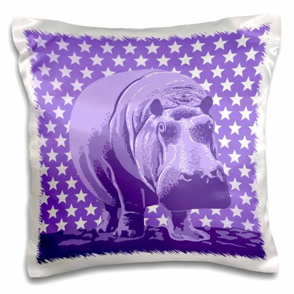 3drose, Quirky Purple Hippo over Purple and White Tonal Stars Pattern, 16x16 inch Pillow Case