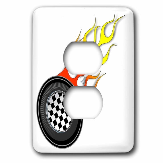 3dRose, Racing Car Wheel With Flames Design, 2 plug outlet cover