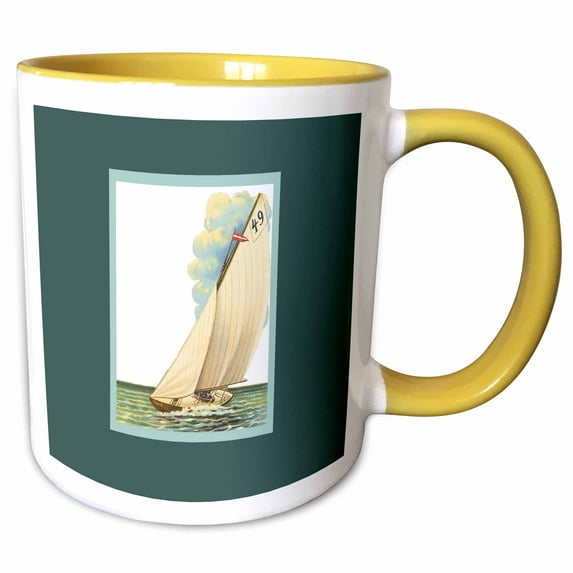 3drose, Racing Sailboat Number 49 with Sails in the Wind, 15oz Two-tone Yellow Mug
