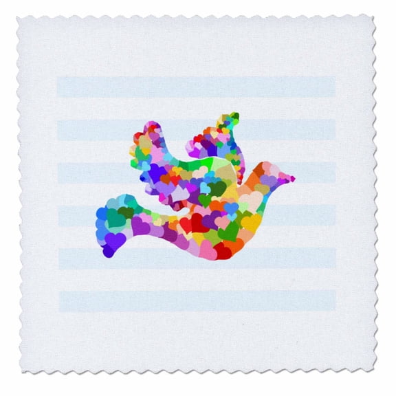3dRose Rainbow Dove of Hearts - Colorful flying bird - Multicolored contemporary love bird on blue stripes - Quilt Square, 14 by 14-inch