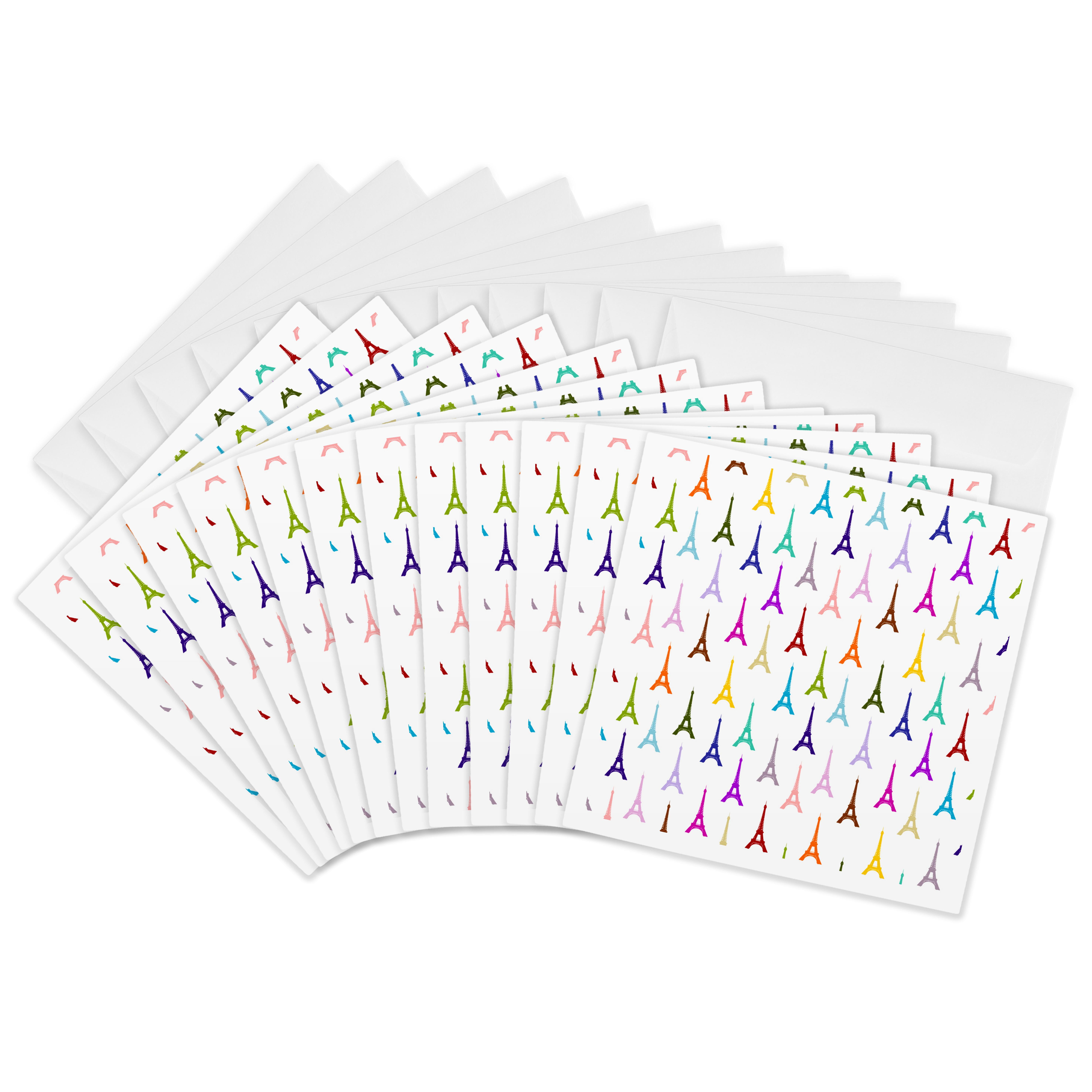 3dRose, Rainbow Eiffel Tower pattern - Colorful Paris Towers on white - Multicolor France - Multicolored, 12 Greeting Cards with envelopes