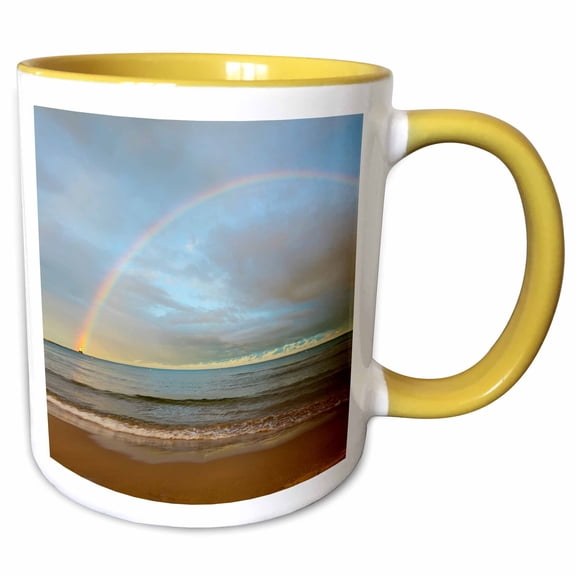 3drose, Rainbow over Lake Michigan and Ludington Light, Ludington, Michigan, 11oz Two-tone Yellow Mug