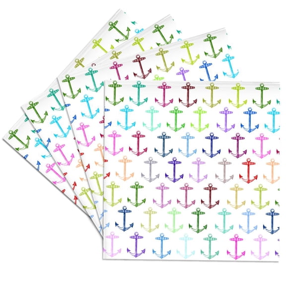 3dRose, Rainbow anchor pattern - Vintage colorful anchors multicolor nautical white sea marine ocean sailor, Set of 4 Ceramic Tile Coasters