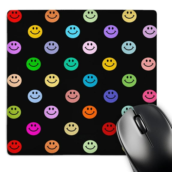 3dRose, Rainbow smiling face pattern - colorful smilies - Multicolor happy smilings polka dots on black, MousePad