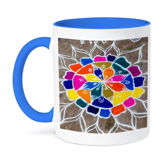 3dRose, Rangoli design to welcome Hindu deities, Pondicherry, India, 11oz Two-Tone Blue Mug