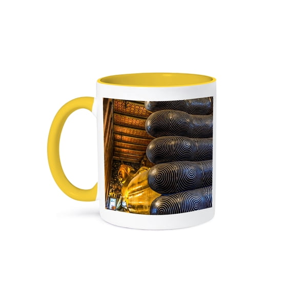 3dRose, Reclining Buddha toes, Bangkok, Thailand. Symbol entrance to nirvana, 11oz Two-Tone Yellow Mug