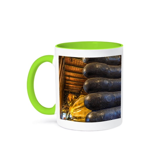 3dRose, Reclining Buddha toes, Bangkok, Thailand. Symbol entrance to nirvana, 15oz Two-Tone Green Mug