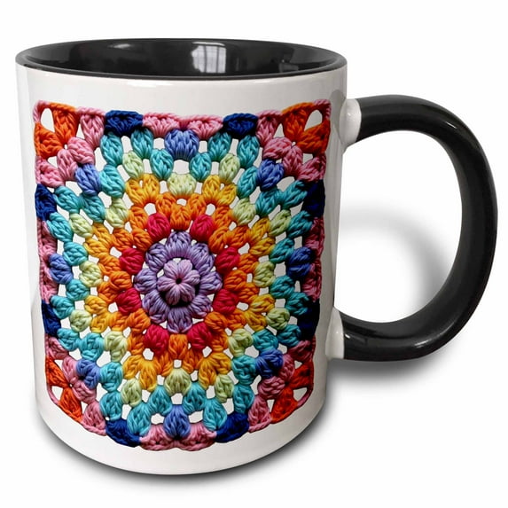 3drose, Red and Pink Edged Granny Square Crochet Pattern Seventies Retro, 15oz Two-tone Black Mug