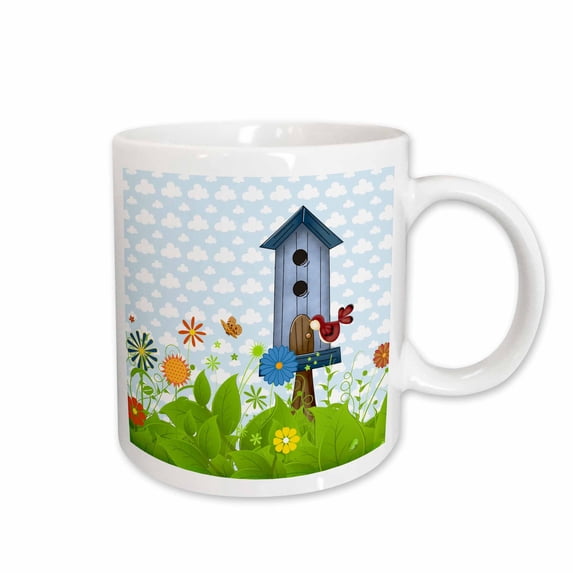 3drose, Red Bird and a Blue Birdhouse in a Sweet Garden of Flowers, 11oz Mug