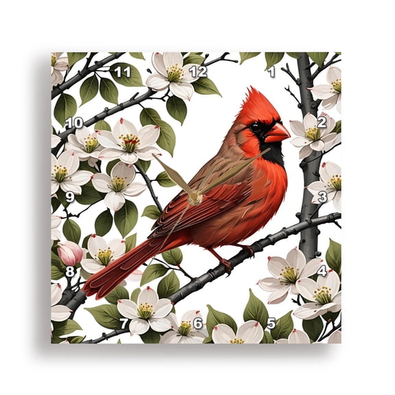 3dRose, Red Cardinal Bird Surrounded By Flowering Dogwood, 15x15 Wall Clock