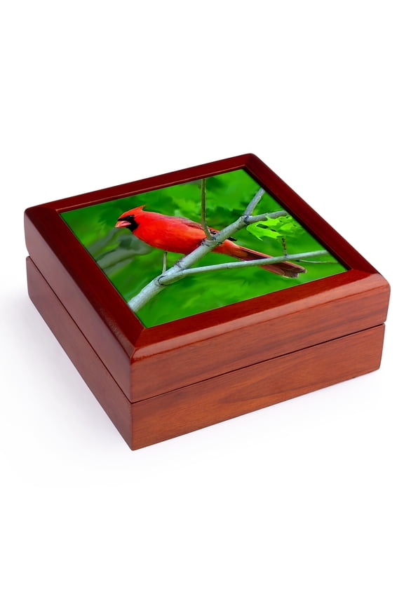 , Red Cardinal, Jewelry Box 5.5x5.5 inch with 4 inch tile