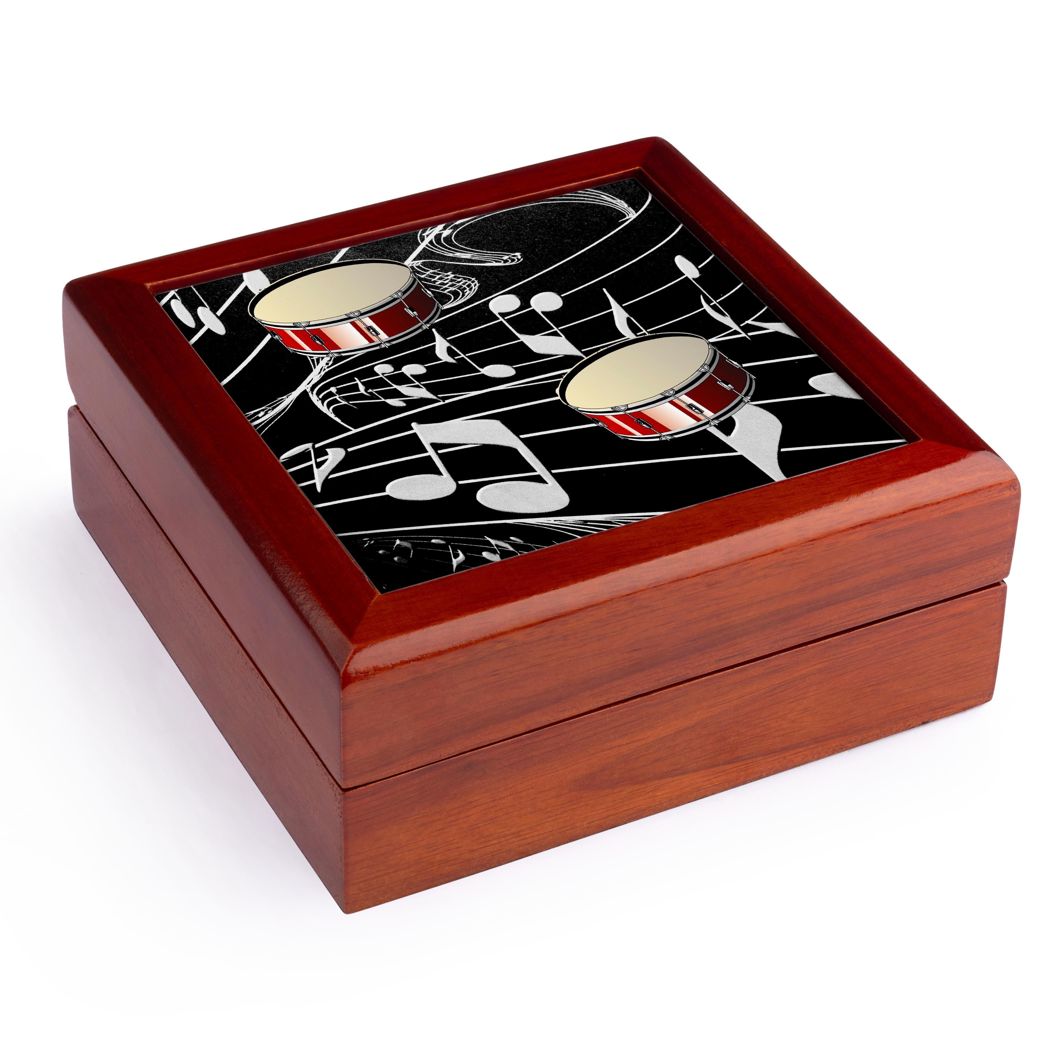 3dRose, Red Drums On Music Notes, Jewelry Box 5.5x5.5 inch with 4 inch tile