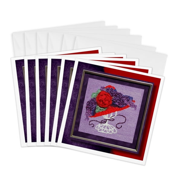 3dRose, Red Hat Embroidery, 6 Greeting Cards with envelopes