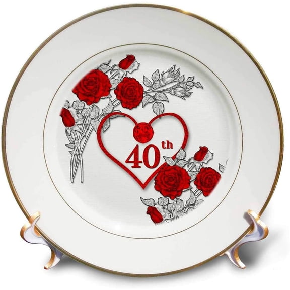 3dRose, Red Heart and Roses 40th Ruby Anniversary for Wedding or Business, 8 inch Porcelain Plate